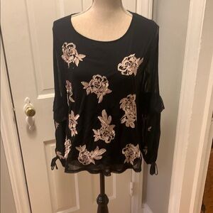 Style & Co Black and Pink Embellished Ruffled Blouse